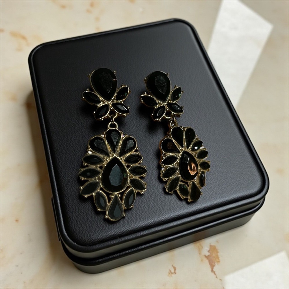LOFT Black Stone Teardrop Floral Chandelier Drop Earrings OS